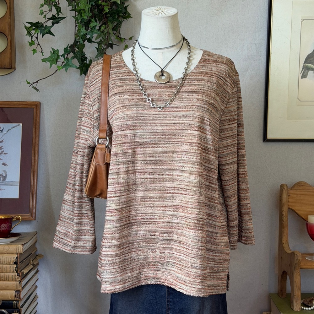 Brown Rust Striped Ribbed Top Granola Boho L Oversized Fall Indie Grunge Grandma
